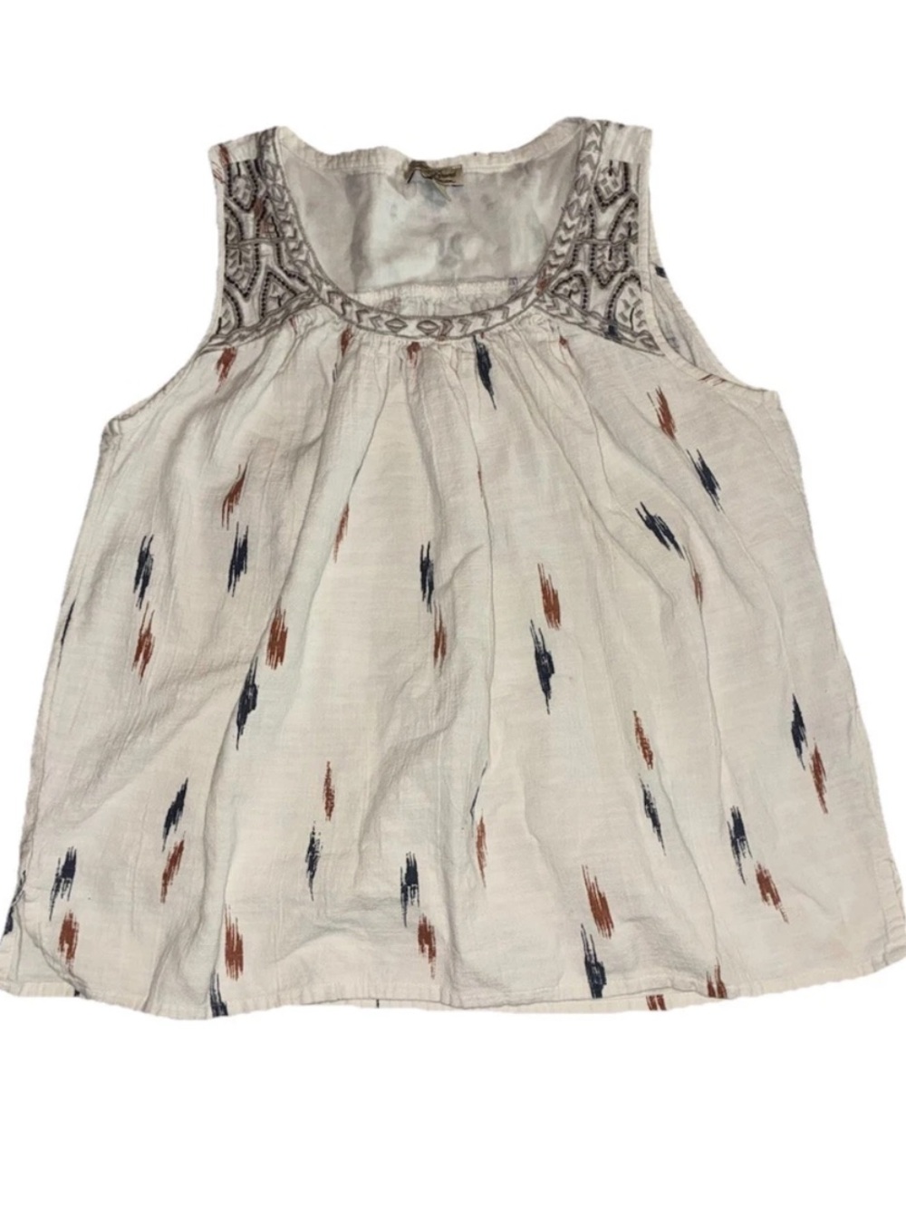 Lucky Brand Cream Tank with Subtle Navy and Rust Embroidery